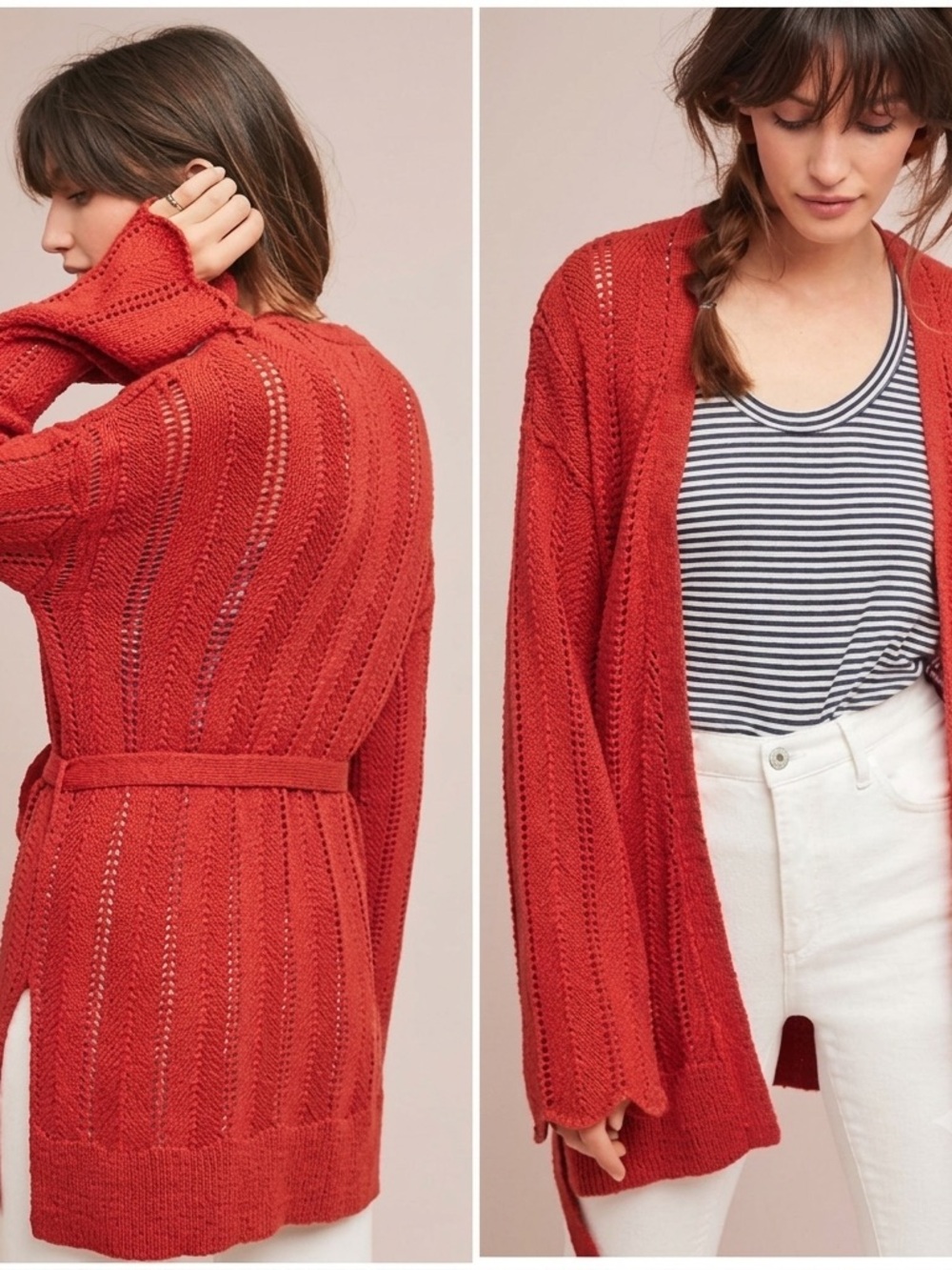 Anthropologie| Meadow Rue| Rust Red Open-Knit Belted Scalloped Hem Cardigan Sz M